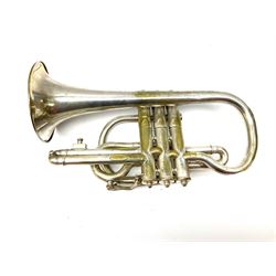 Boosey & Co Class A silver plated cornet no.104710, cased; and Hohner pokerwork style melodeon (2)