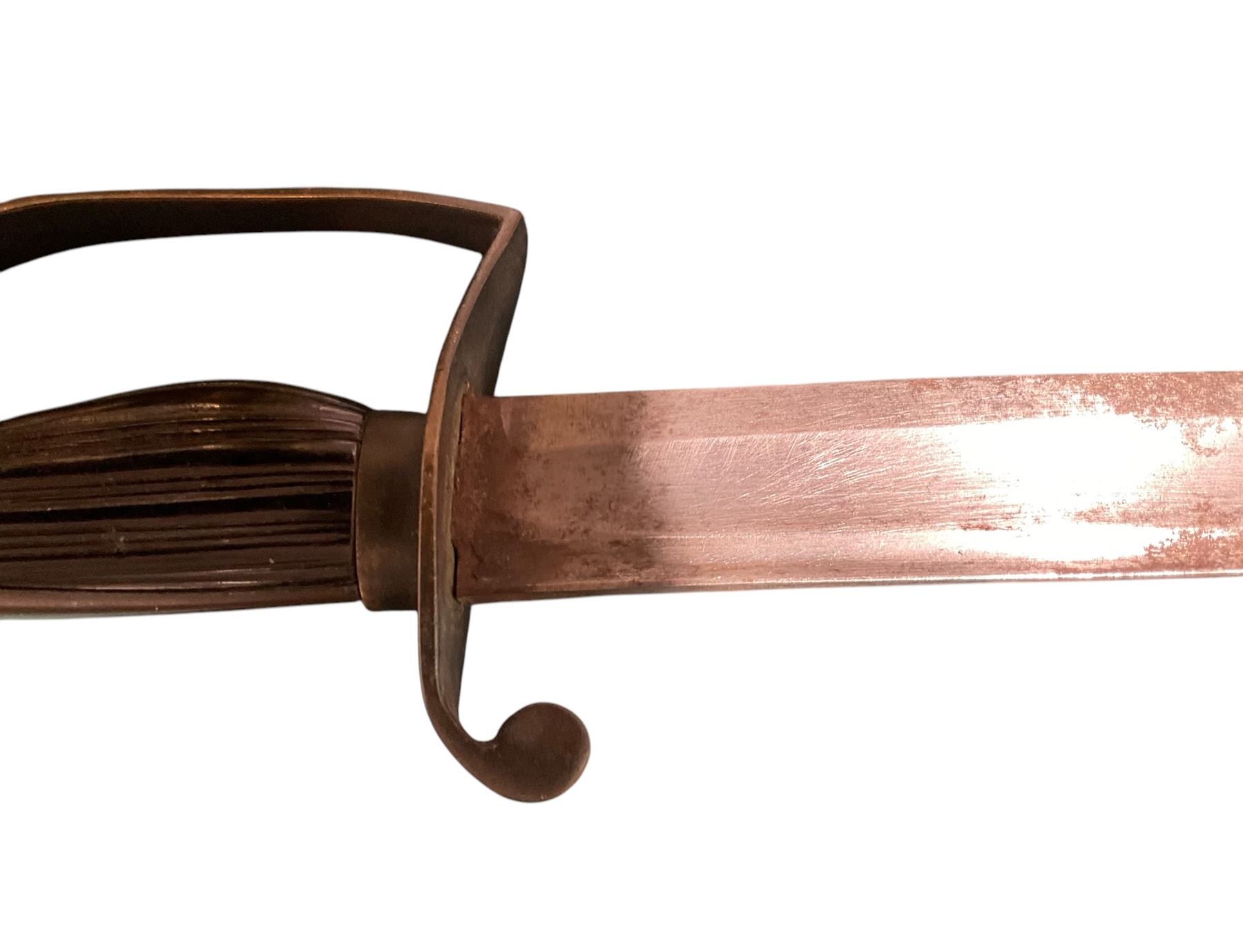 Georgian short sword, with 64cm curved single edge blade, iron guard with side loop and fluted ebony grip, with leather scabbard, L76cm