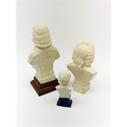 Two Robinson and Leadbeater Parian Ware busts, the first example modelled as John Wesley, with impressed inscription verso, upon stepped wooden base, H22cm, the second example modelled as Bach, H17cm, each with impressed maker's mark, together with a small bisque bust of General Booth of the Salvation Army. 