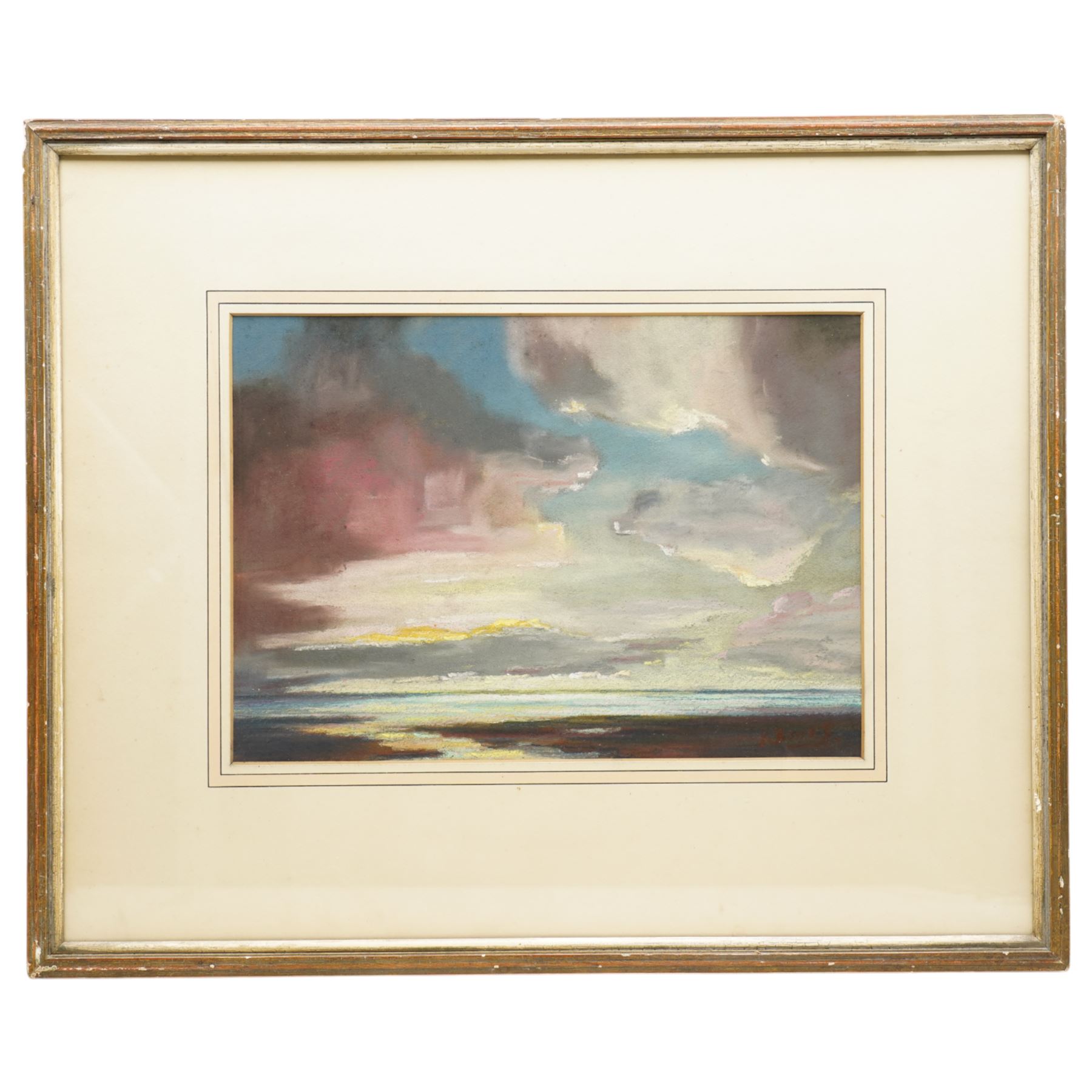 John Bowes (British 1899–1974): 'Sunset - Birkdale Shore', pastel signed, titled on label verso 26cm x 37cm