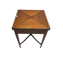 Edwardian mahogany envelope card table, four hinged square top with satinwood and ebony stringing, opening to reveal inset baize centre, fitted with single drawer, raised on square tapering supported united by waived X-stretcher