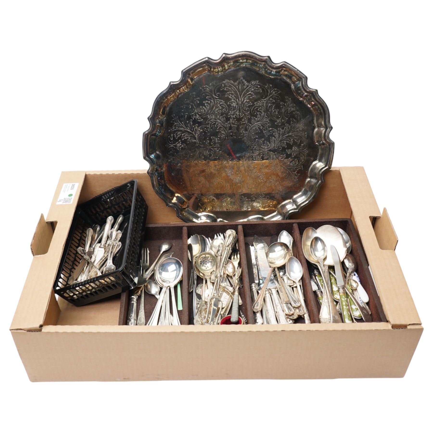 Quantity of assorted plated cutlery and a plated salver