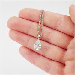 Platinum diamond pendant, set with a single pear cut diamond of 2.00 carat, colour D, clarity VS2, with GIA report, on 18ct white gold fancy link chain necklace