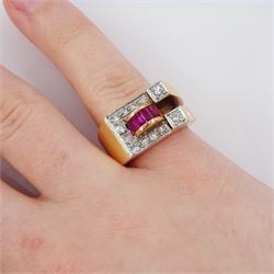 14ct rose gold and platinum calibre cut ruby and single cut diamond abstract design ring