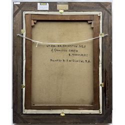 Frederick (Fred) William Elwell RA (British 1870-1958): 'Lt. Col. Norman R Grimston DSO', half length portrait with the family seat Grimston Garth in the background, oil on canvas signed and dated 1948, titled and inscribed verso 90cm x 70cm
Notes: Grimston was held, as part of the manor of Roos, from the mid-12th century by the Grimston family. The manor of Garton with Grimston passed down to Thomas Grimston
of Kilnwick-on-the-Wolds in 1780 who built the present Grimston Garth in 1781-6 as a summer residence. The estate descended in the family to Thomas’s grandson Marmaduke Grimston (1826-1879) the last of the male line. It was through his daughter Rose, wife of George Hobart, that it passed to their daughter Armatrude Rose Sophia Effie Bertie, Lady Waechter in 1927. Lady Waechter, who took the additional name de Grimston, gave the estate to her cousin Norman Grimston in 1946, the last family incumbent who sold the house in 1949
Provenance: East Yorkshire private collection purchased Dee Atkinson and Harrison 16th July 1995 Lot 554