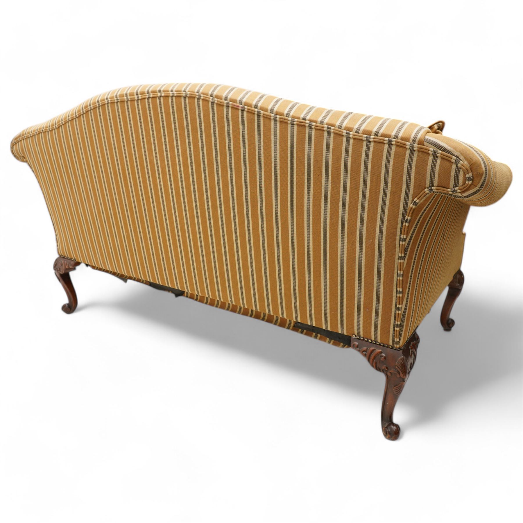 Chippendale design hardwood-framed settee, arched back over rolled arms and serpentine seat, upholstered in striped fabric, on shell and foliate carved cabriole supports with scrolled terminals, together with matching scatter cushions 