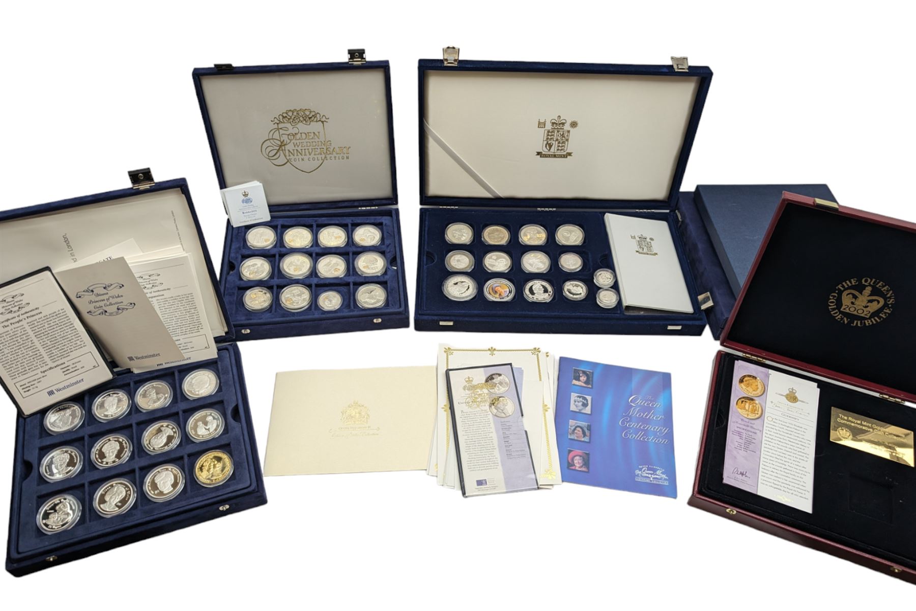Large collection of modern commemorative coins, mostly being silver proof, including Queen Elizabeth II Bailiwick of Guernsey 1999 'Sir Winston Churchill' one pound, 2000 'HM Queen Elizabeth The Queen Mother', various sterling silver proof coins from the 'Golden Wedding Anniversary Silver Collection' including Bailiwick of Guernsey 1997 five pounds, Bermuda 1997 two dollars, Republic of Malawi 1997 five kwacha, Falkland Islands 1997 five pounds, Bailiwick of Jersey 1997 five pounds, Alderney 1997 two pounds etc, various sterling silver proof and portrait highlighted in gold coins from the 'Golden Jubilee Collection' including Cayman Islands 2002 two dollars, Bailiwick of Guernsey 2003 five pounds etc, housed in various coin displays or cases, mostly with certificates