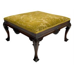 Queen Anne style mahogany square footstool, the seat upholstered in green Damask fabric with foliate design, shell carved frieze and raised on c-scroll carved cabriole supports terminating at pointed feet
