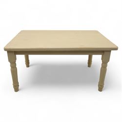 Late 20th century painted pine kitchen table, rectangular top with lightly worn painted surface, raised on four turned legs