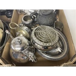 Collection of silver plate, together with cast iron scales, two jam pans and other collectables, in seven boxes 