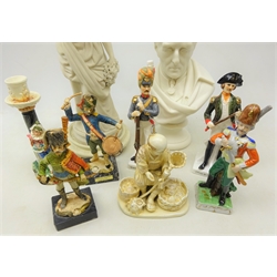  Porcelain figure in the style of a Japanese Okimono, three Continental porcelain Officers, Capodimonte bust and similar style figural table lamp   