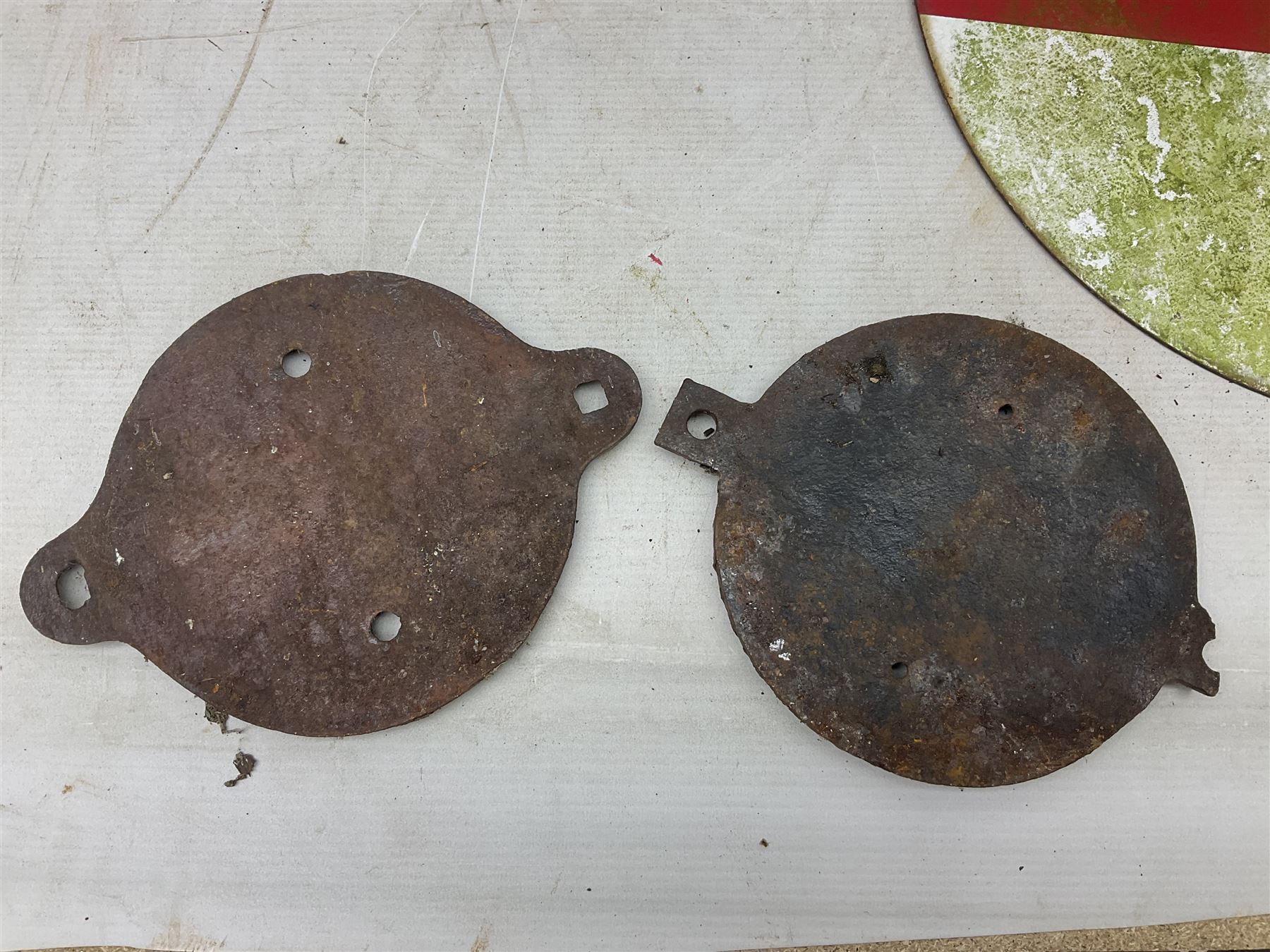 Victorian cast iron railway wagon plate, 'To Carry 10 Tons 4012, Registered by LNER-D 1898', together with a similar mid 20th century example, a smaller cast iron LMS wagon plate, Chalwyn signalling lamp, Give Way to Trains enamel sign and an enamel signal sign