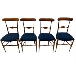 Campanino Chiavari by Fratelli Levaggi - circa. 1950s set eight walnut dining chairs, seats upholstered in blue fabric, 