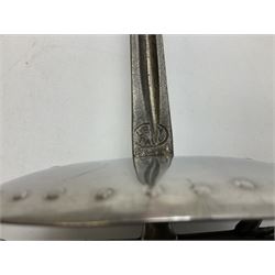 Three reproduction swords - Japanese katana and saya; Tai Chi sword with ornate scabbard; and dress sword with fullered triangular blade and horn handle (3)