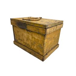 19th century scumbled pine horse tack storage box with yoke atop lid, and 'horse' inscribed on front