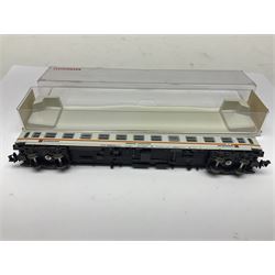 Fleischmann ‘N’ gauge ‘Piccolo’ - sixteen carriages, wagons and cars comprising nos. 8051, 8052, 8055, 8064, 8119K, 8127, 8128, 8129, 8202, 8211, 8224, 8240, 8281, 8301, 8500, 9372; along with Minitrix N503 Shock Van and 13576 6 ton Mineral Wagon; boxed and loose (18) 