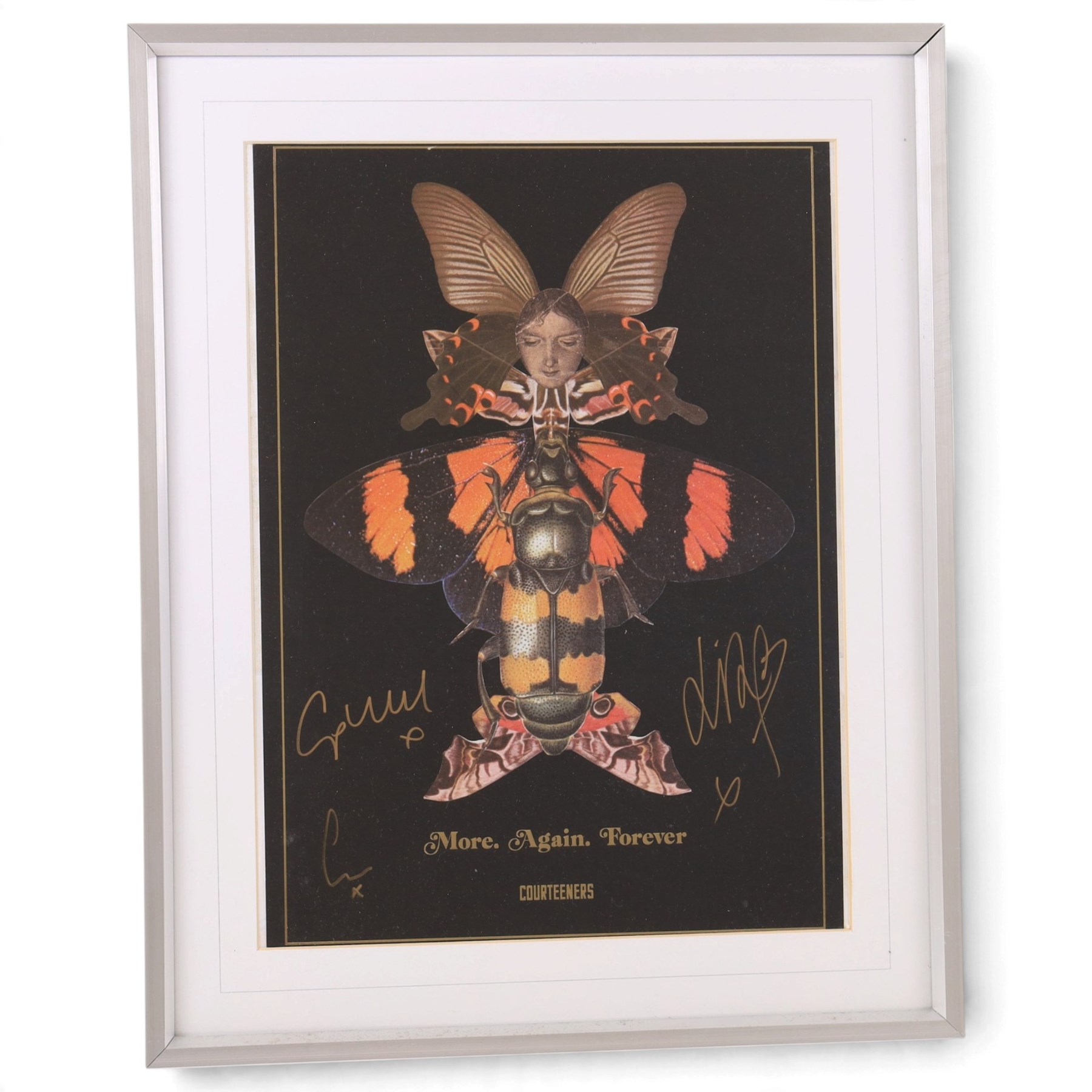 Courteeners 'More. Again. Forever' print, signed by three members of the band in gold marker pen, framed, H40cm