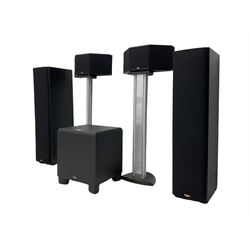 Klipsch surround sound speaker system, including two three way floor standing SF2BLK speakers, two SS1 speakers on stands, a KSW10 sub woofer, Pioneer amplifier and DVD/CD player