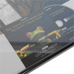 Signed David Attenborough photograph and a signed David Attenborough Life on Earth DVD sleeve, framed H32cm
