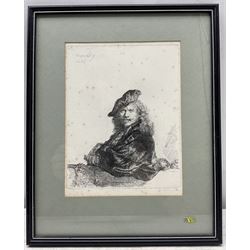 After Rembrandt van Rijn (Dutch, 1606-1669) 'Self-Portrait Leaning on a Stone Sill', restrike etching signed and dated 1639 in the plate; together with another similar after the same hand max 21cm x 16cm (2)