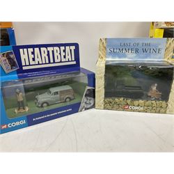 Corgi - nineteen TV/Film related die-cast models including Kojak, Last of the Summer Wine, Return of the Saint, Heartbeat, Daktari, Casualty, Z-Cars, Lovejoy, Mr. Bean, Buster, Harry Potter, Monkees, Some Mothers etc; all boxed (19)