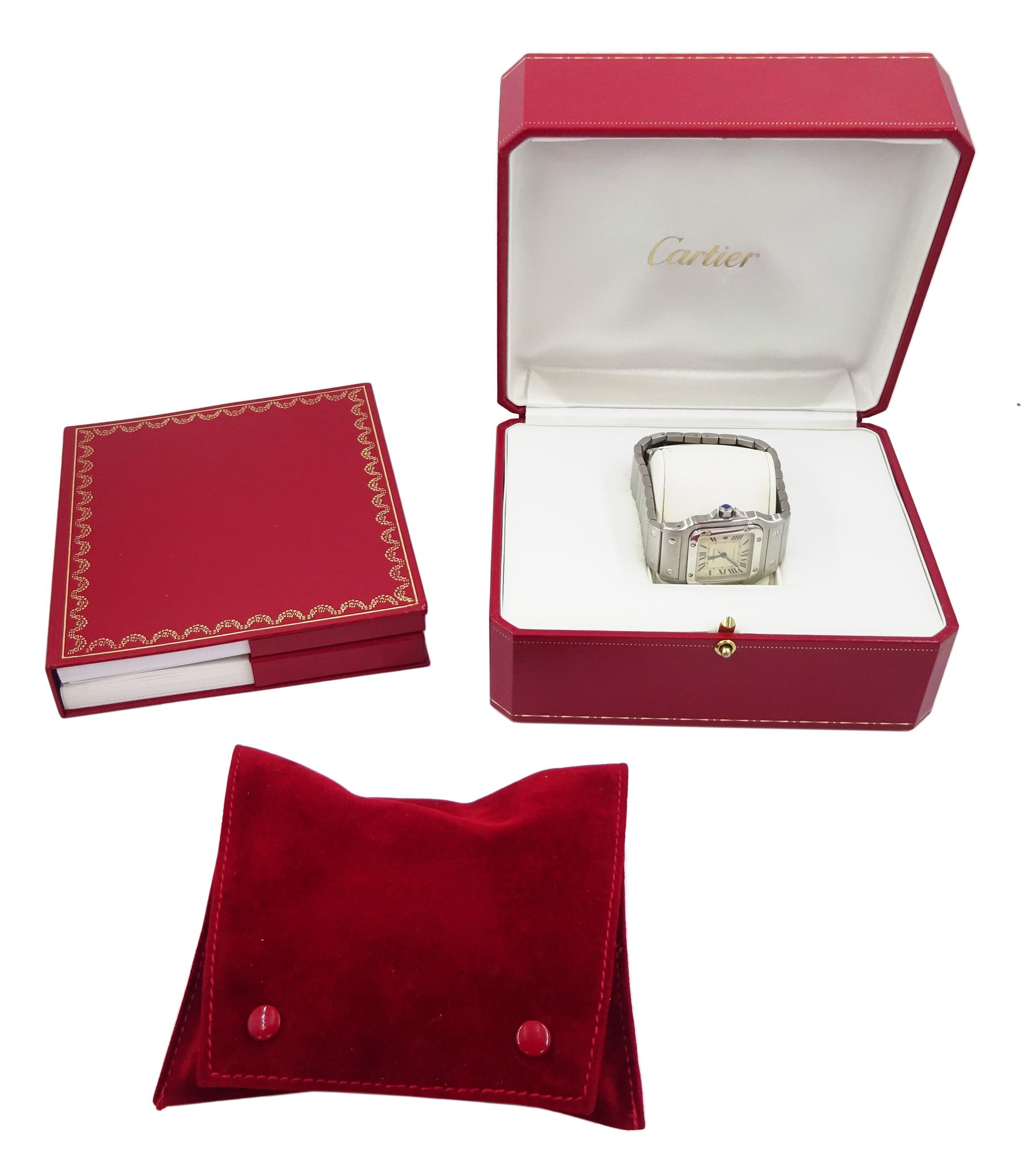 Cartier Santos Galbée gentleman's stainless steel automatic wristwatch, Ref. 2319, silvered guilloche dial with Roman numerals and secret signature at 7 o'clock, boxed purchase certificate dated 2003, pouch and service receipt dated September 2023