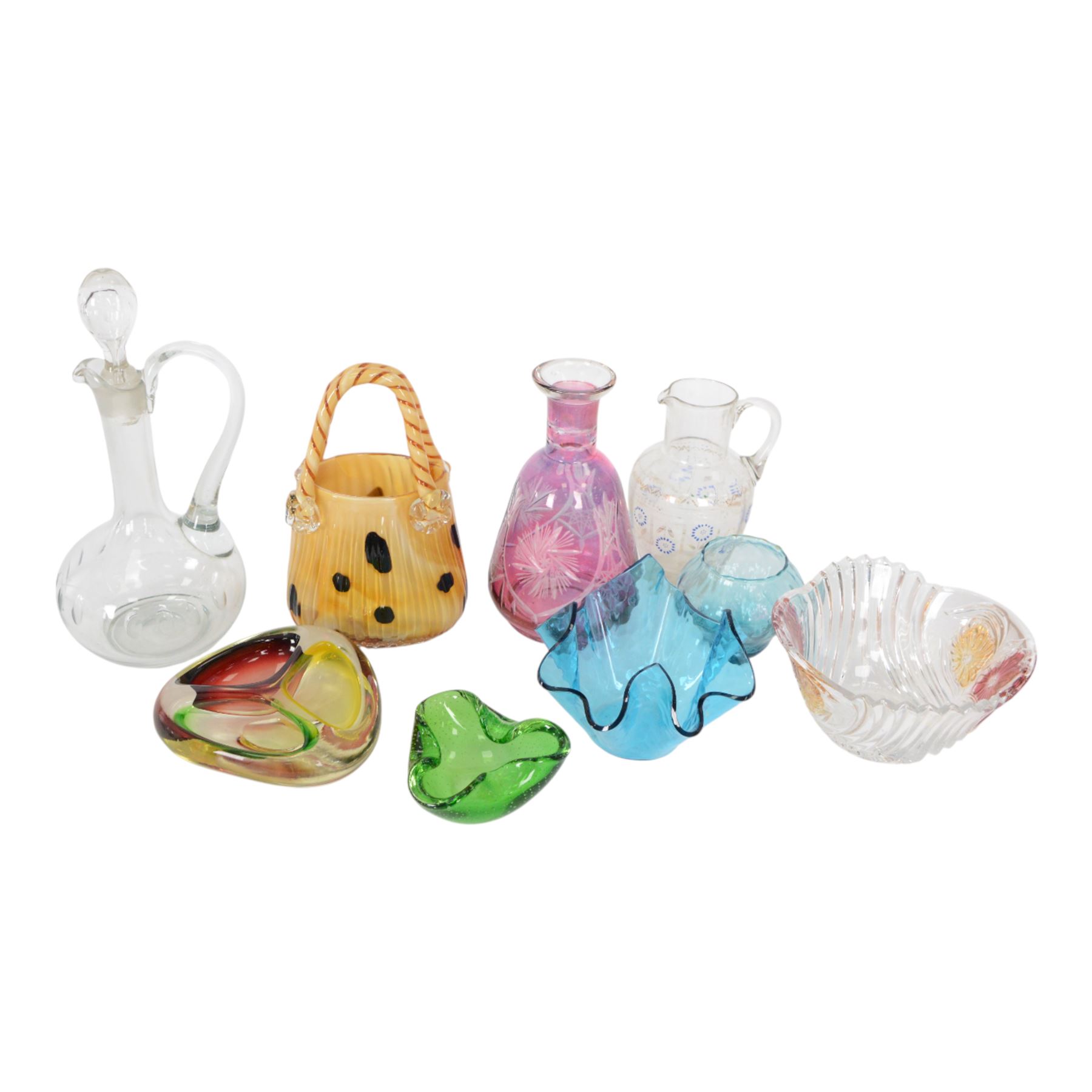 Murano tri-colour glass ashtray, together with another glass astray with bubble inclusions, glass bag, jug etc 