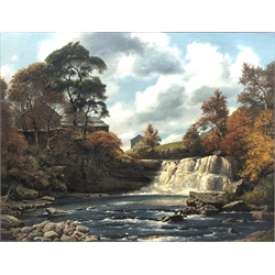 Geoffrey H Pooley (British 1908-2006): 'Falls on the Swale Yorkshire', oil on board signed and dated 1983, titled verso with artist's address label 70cm x 90cm