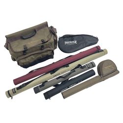 Five fly fishing rods, to include Greys Greyflex M2, Greys Missionary 9'3 etc, together with fly reel, flies, Wychwood fishing bag and various fishing other tackle items 