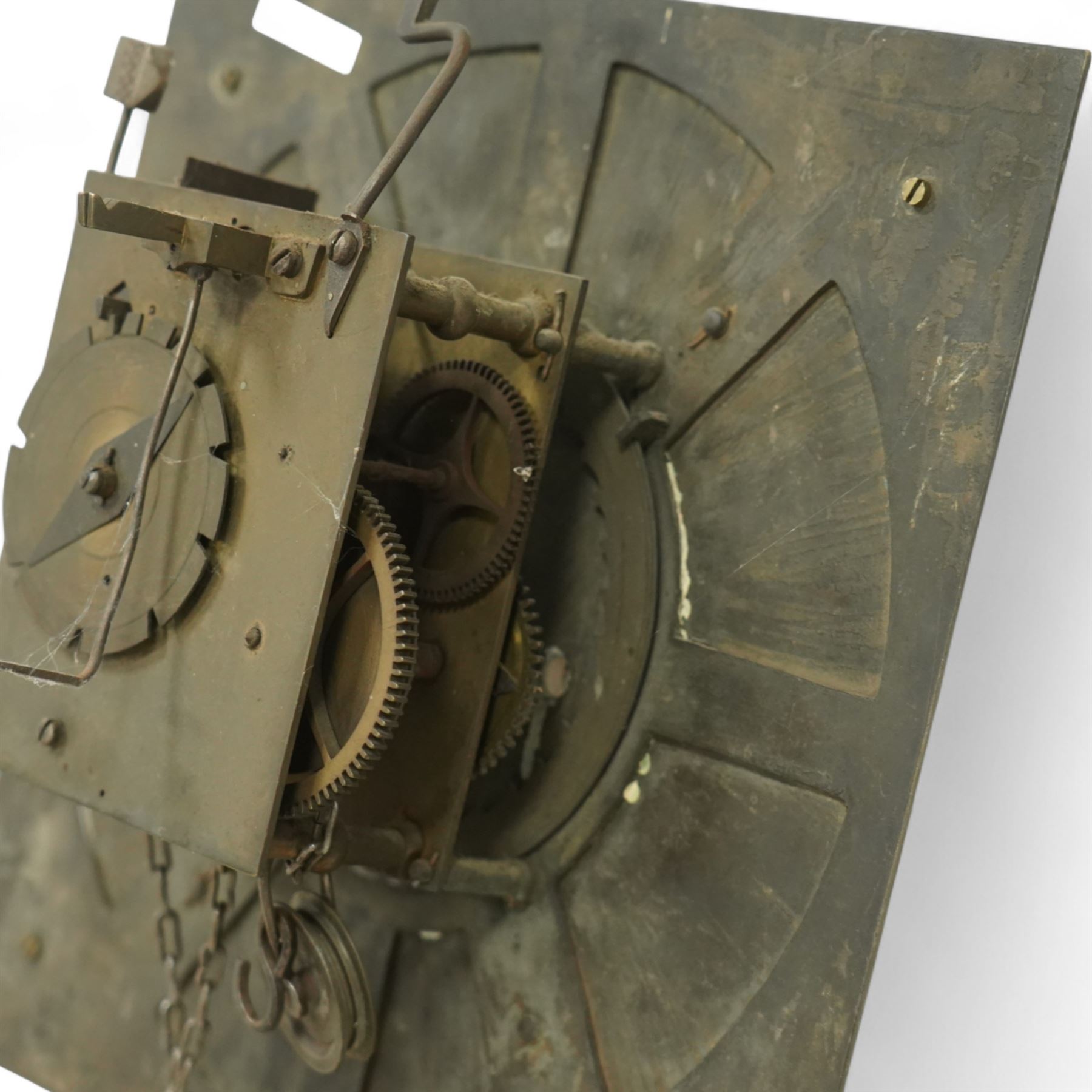 Three empty oak longcase clock cases-for restoration , parts, repair, and two 30hr chain driven movements with 12