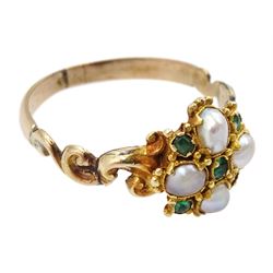 Victorian gold split pearl and green stone set cluster ring, with scroll design shoulders