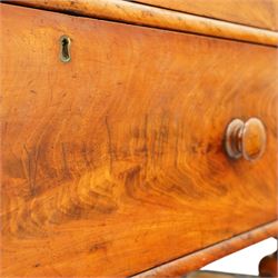 Mid-Victorian figured mahogany chest of drawers, circa 1860, rectangular moulded top over two short and three long drawers with figured veneers, on turned supports