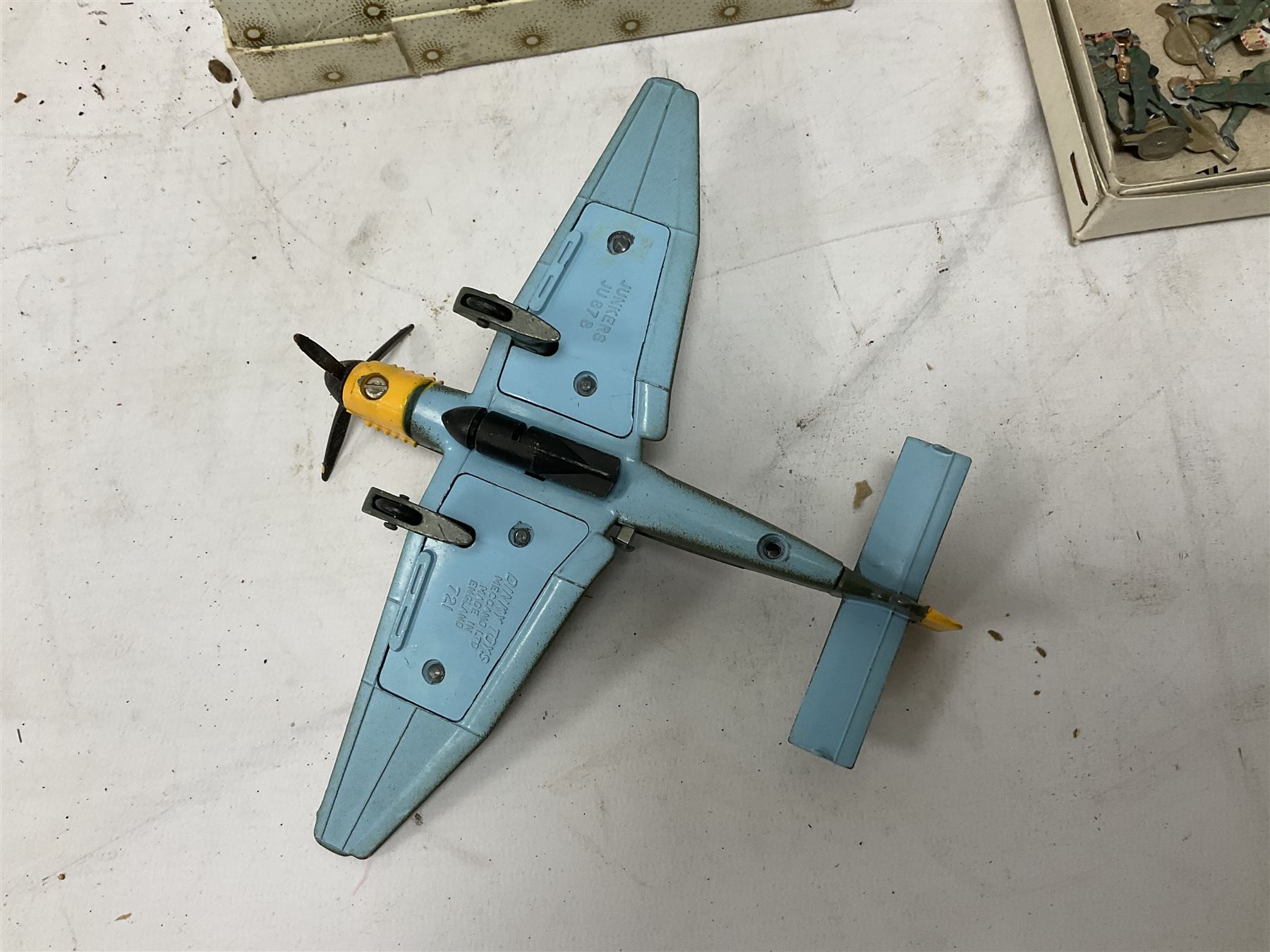 Dinky 721 Junkers JU 87B Stuka die cast model airplane, together with quantity of metal soldier figures and three miniature dolls etc