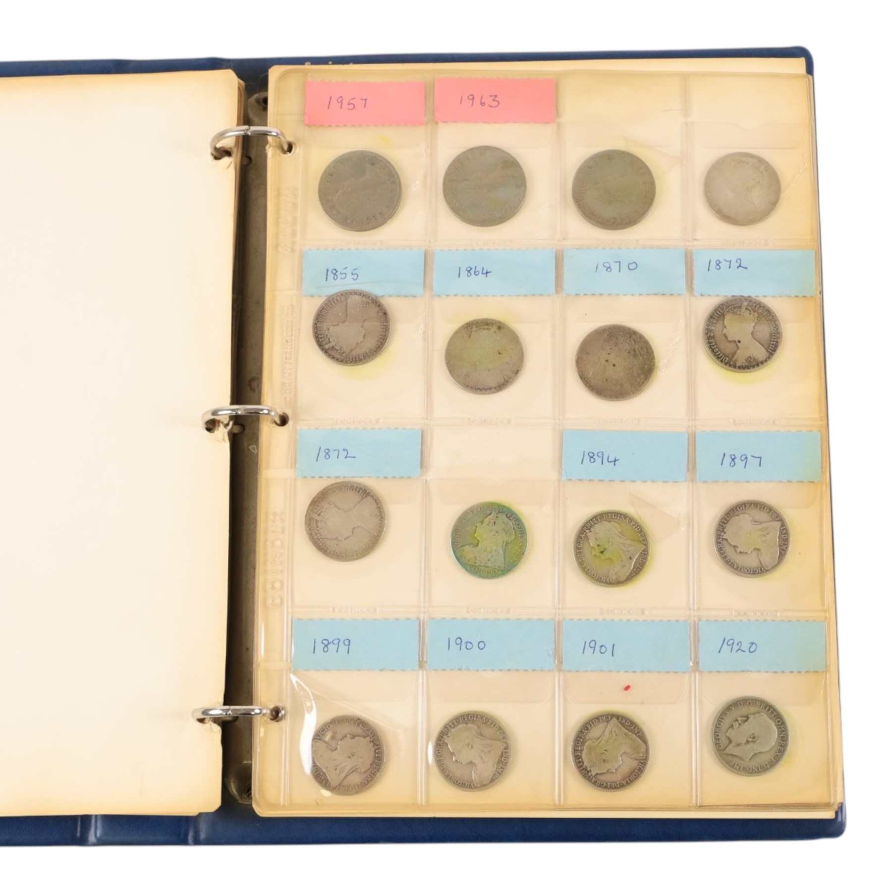 Great British pre-1920 and pre-1947 silver coins, including ten pre-1920 and seventeen pre-1947 half crowns, twelve pre-1920 and seven pre-1947 florins, twelve pre-1920 and eight pre-1947 shillings, and further copper coins, housed in a blue ring binder folder