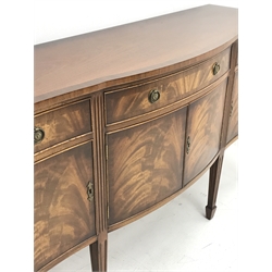 *20th century mahogany sideboard, shaped banded top over three drawers, double cupboard and two single cupboards, on moulded square tapering supports with spade feet, W160cm, H93cm, D47cm