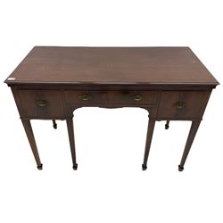 Edwardian inlaid mahogany kneehole side table, fitted with three drawers, raised on square tapered supports with peg feet 122cm x 58cm, D84cm
