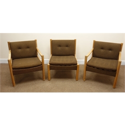  Set three Ercol beech armchairs, upholstered back and seat, W61cm  