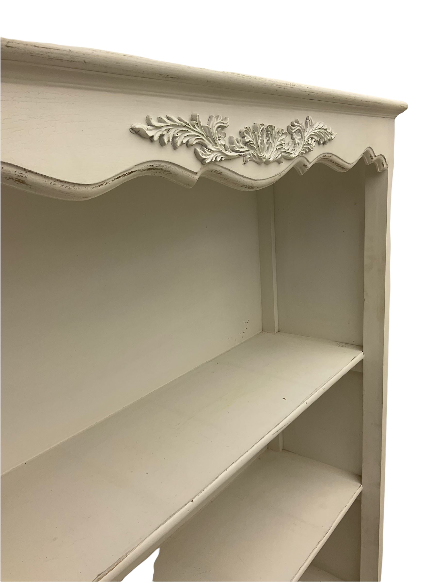 French style cream painted open bookcase with two drawers The