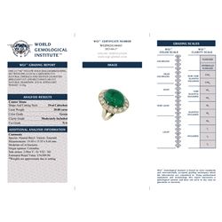 Gold emerald and diamond ring, the central oval cabochon emerald, with sixteen round and rectangular cut diamond halo surround by Judith Crowe, hallmarked 9ct, emerald 20.00 carat, total diamond weight 2.00 carat, with World Gemological Institute report