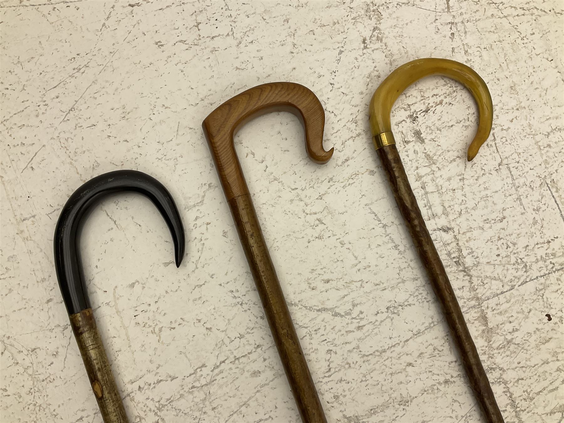 Two smooth polished ram horn handled Shepherd's crooks and a further similar example, together with various shooting sticks, walking sticks and canes, housed in a volcanic lava glaze West German style vase