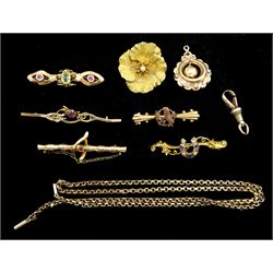 Victorian and later 9ct gold stone set jewellery including horseshoe brooch, peridot and pink stone set brooch, chain necklace and a gold pearl flower pendant/brooch
