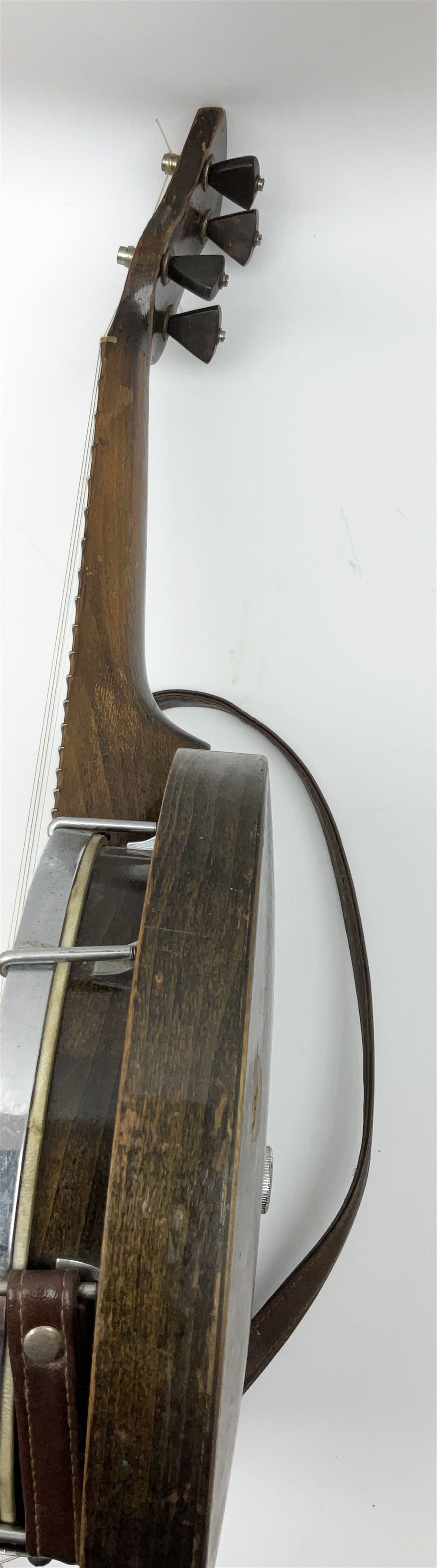 Melody-Uke four-string ukelele banjo, makers plaque to head stock L59cm; and Italian eight-string lute-back mandolin with mahogany stained segmented maple back and spruce top L59cm (2)