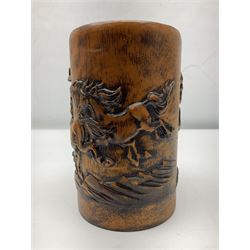 Chinese bamboo bush pot, decorated in relief with running horses, together with a box carved in relief with geometric designs