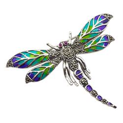 Silver plique-a-jour marcasite insect brooch