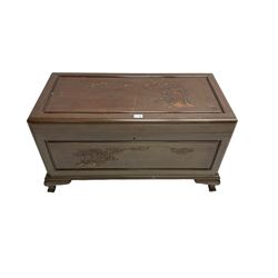 Chinese hardwood blanket chest, bamboo carved detail, hinge lid with panelled sides, raised on bracket feet