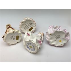 A group of four Coalport figurines, comprising limited edition The Flower Ladies Collection Lovely Iris, 90/250, with accompanying certificate, Ladies of Fashion Sue, with accompanying certificate, Ladies of Fashion Joan, and Ladies of Fashion Young Love, with one box.