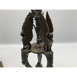Pair of 20th century bronze effect four light candelabras, modelled in the Grand Tour style, each with stepped trefoil base leading to three paw legs cast with masks and palmettes and surmounted by zoomorphic figures, encasing a central turned column supporting a central stem with socket above drip pan, and three scrolling arms with conforming sockets and arms, H63cm