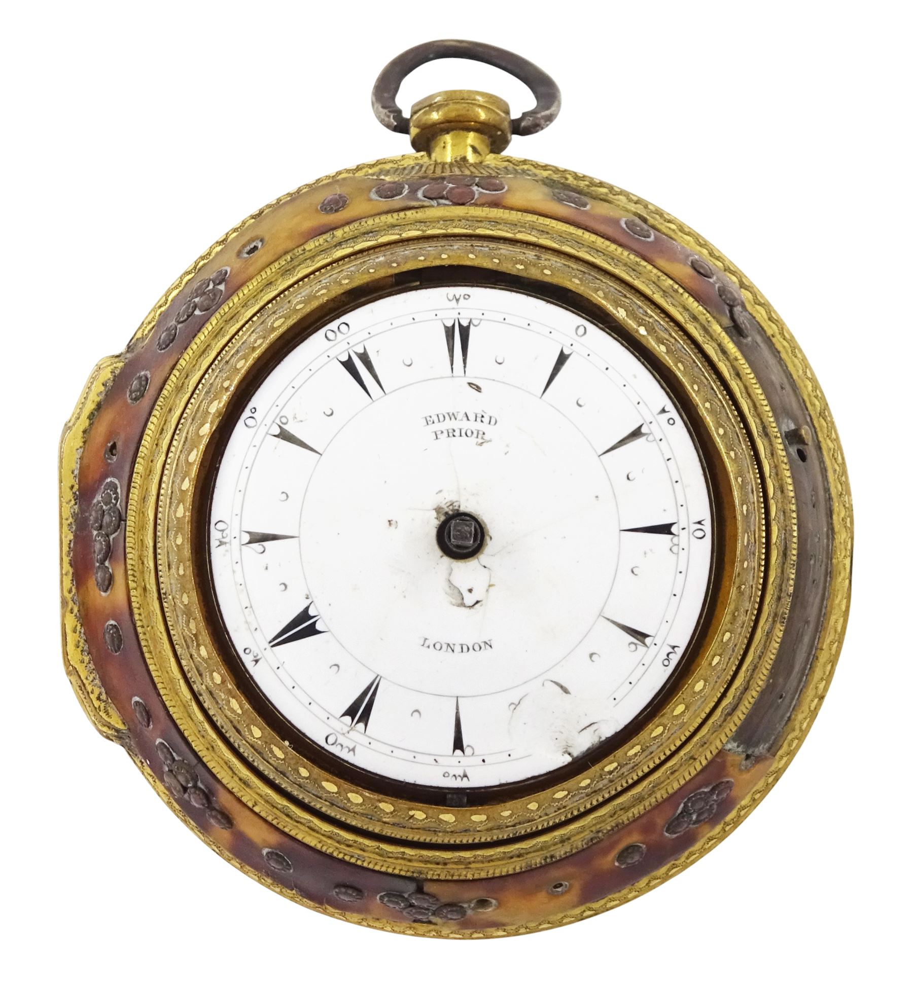 19th century gilt metal, triple cased verge fusee pocket watch, for the Turkish market by Edward Prior, London, No. 62801, pierced and engraved balance cock decorated with a classical urn, white enamel dial with Turkish hour markers, the outer tortoiseshell case, with pique work borders