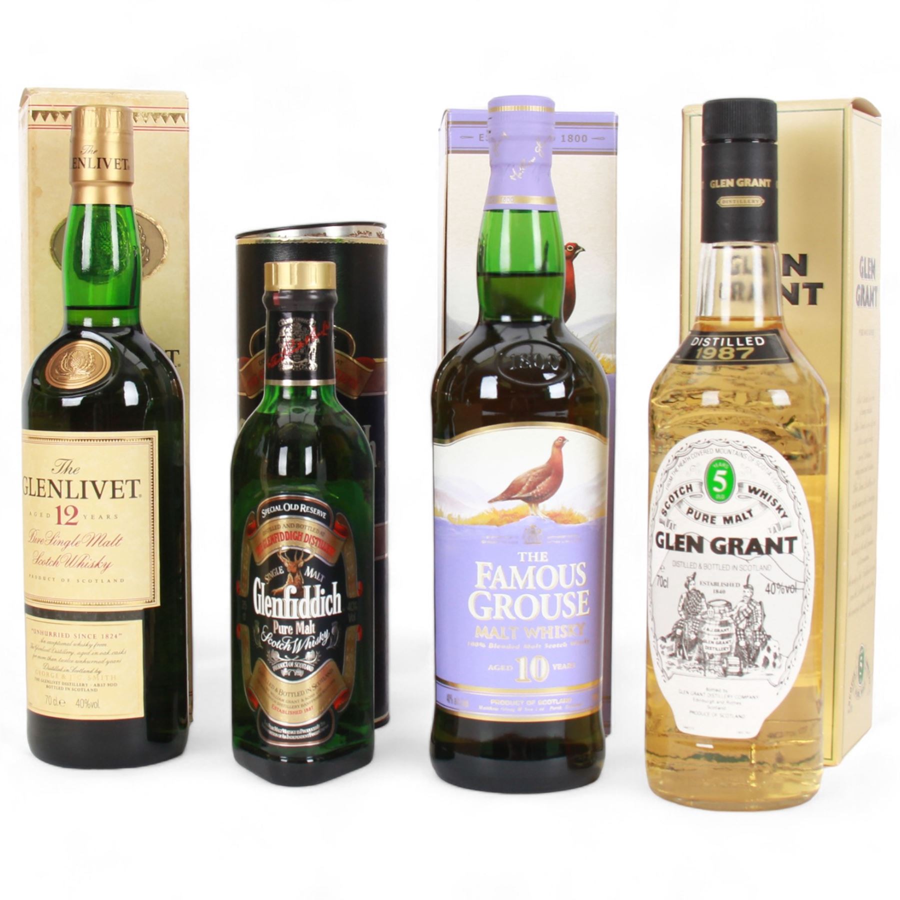 Mixed single malt Scotch whisky, comprising Glenlivet 12 year old, Famous Grouse 10 year old, Glen Grant 5 year old and Glenfiddich Special Reserve, various contents and proof, all with original boxes   