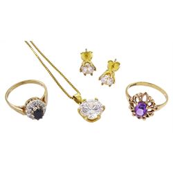 Gold sapphire and diamond cluster ring, gold single stone amethyst ring, both hallmarked 9ct, silver-gilt cubic zirconia pendant, on gilt chain necklace and a similar pair of silver-gilt earrings